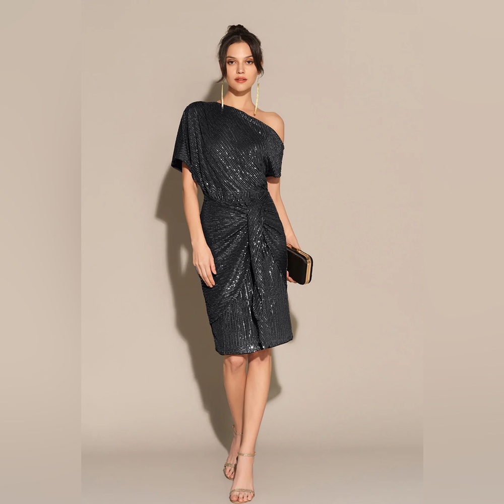 GRACE Karin Off Shoulder Black Sequin Wrap Dress Large